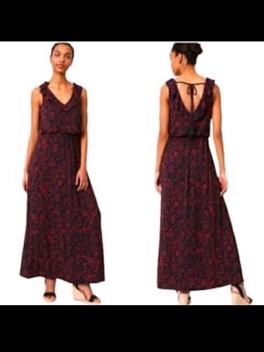 LOFT Red & Black Floral Maxi Dress – V‑Neck Back Tie | Size S